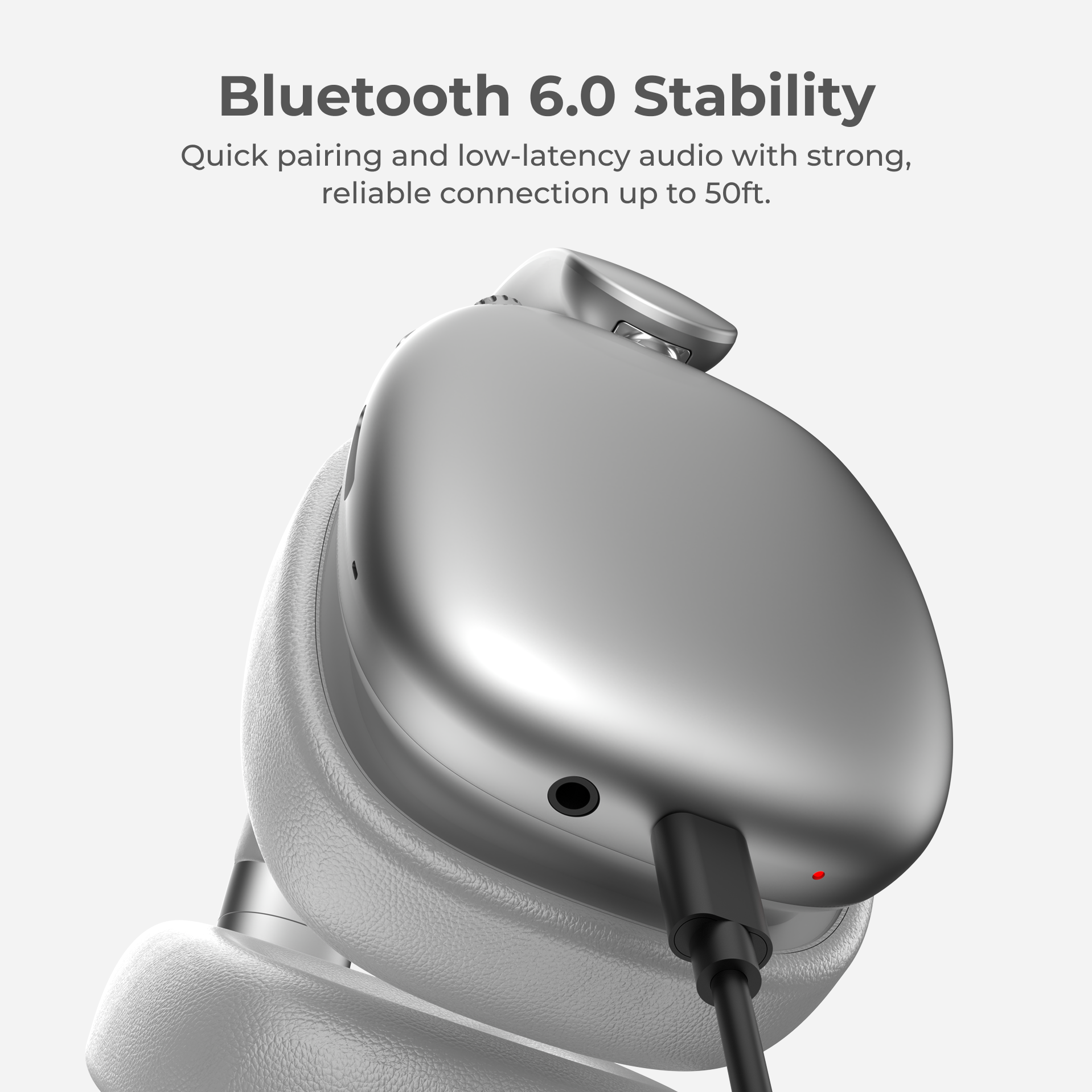 Close-up of wireless earbuds with Bluetooth 6.0 stability text on a white background