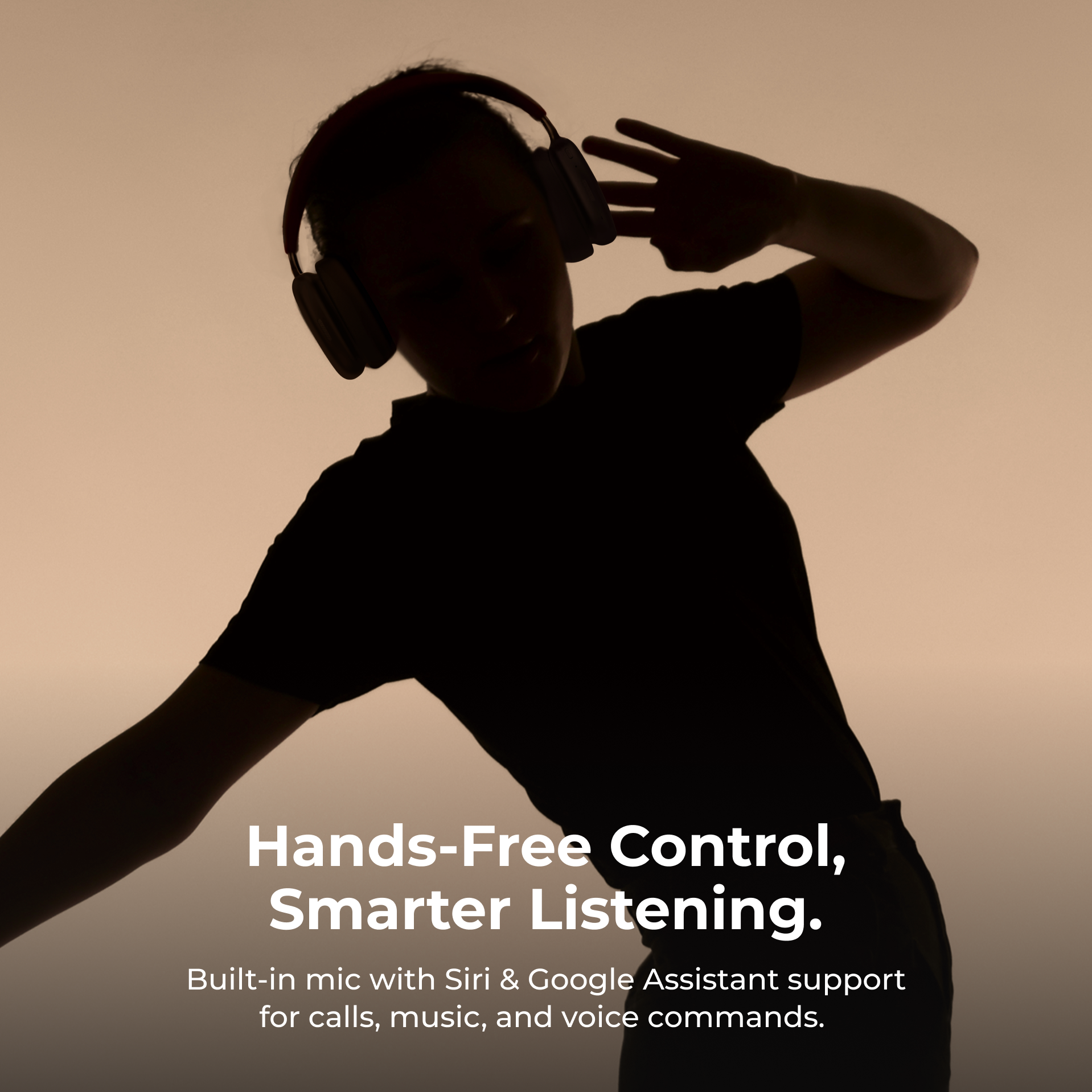 Silhouette of a person wearing headphones with text about hands-free control and smarter listening.