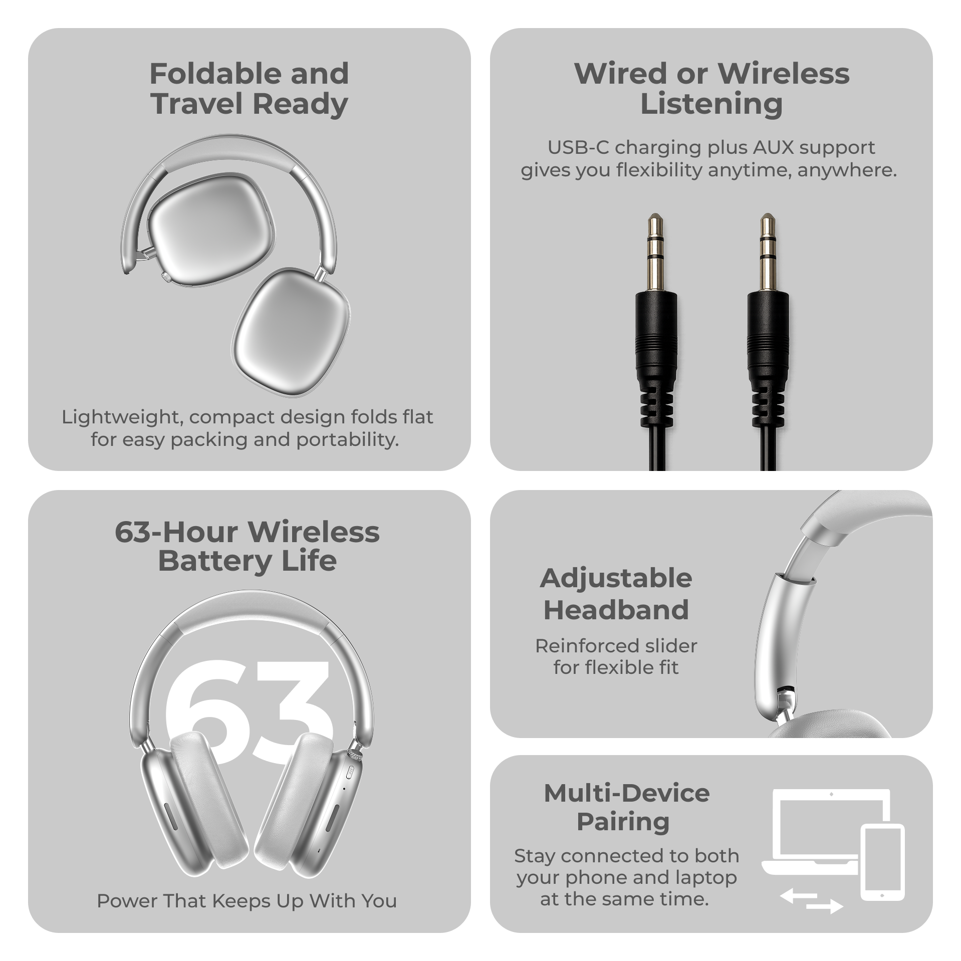 Promotional graphic of foldable headphones with charging cables and feature highlights on a gray background.