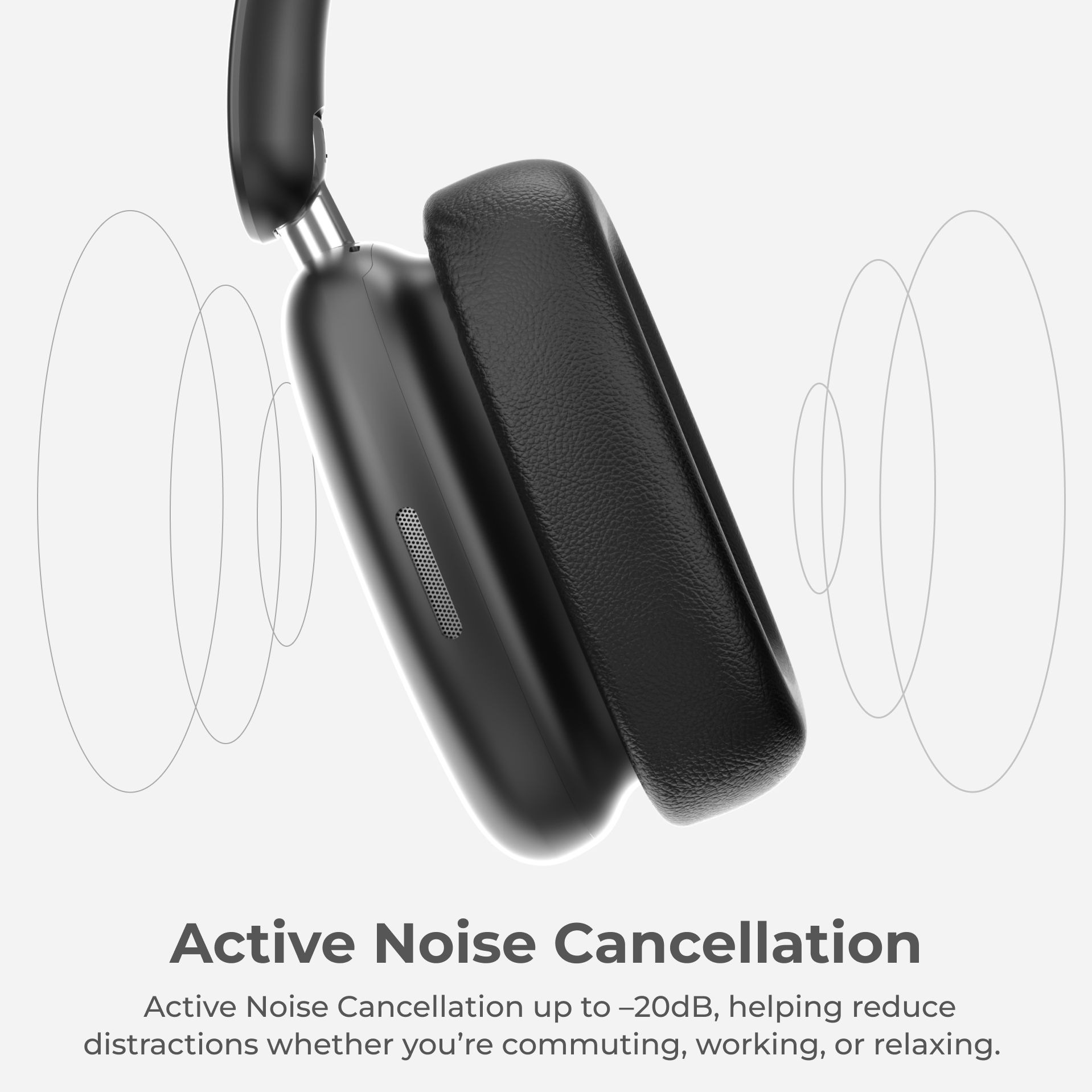 Black over-ear headphones with active noise cancellation feature on a light gray background