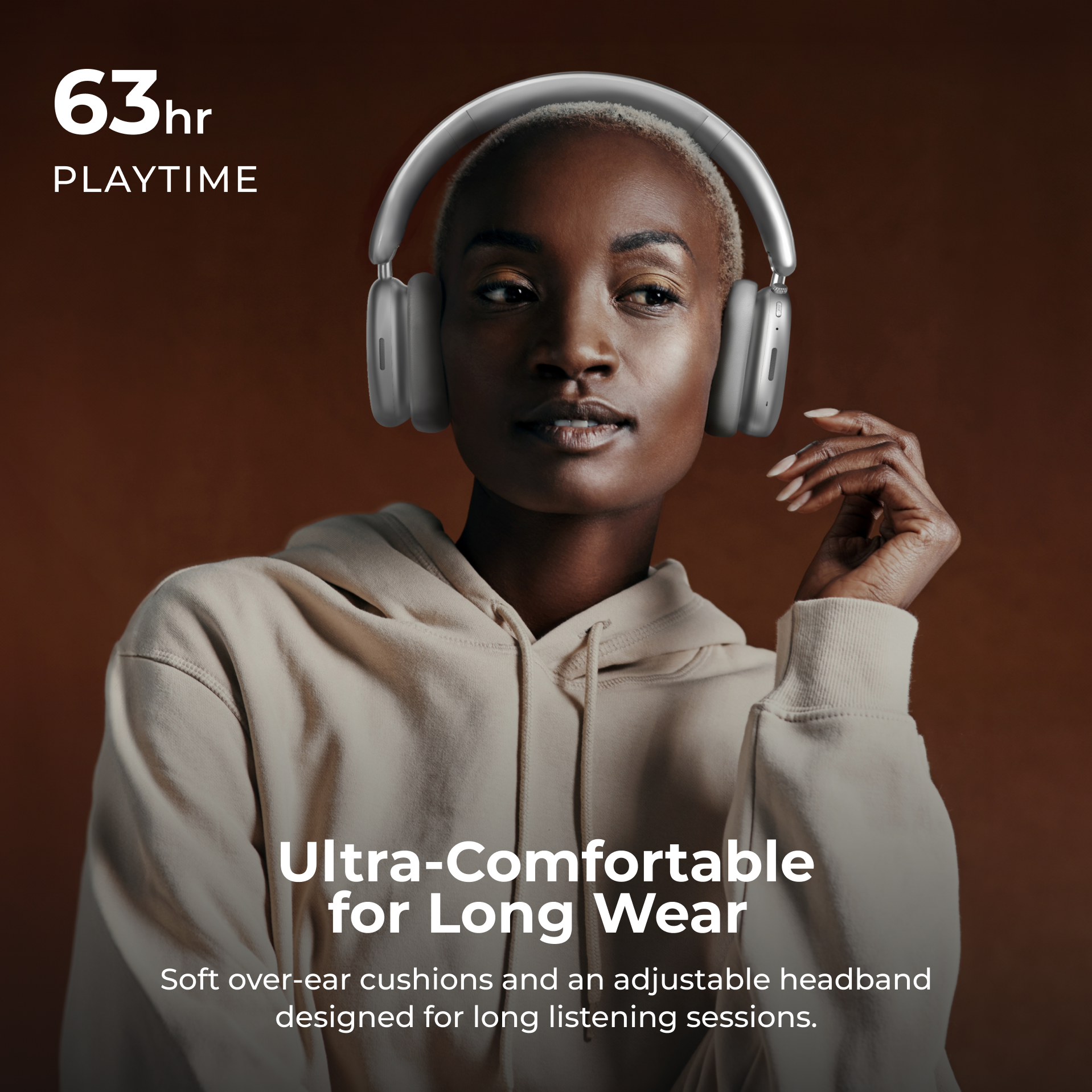 Person wearing headphones with text about 63-hour playtime and comfort.