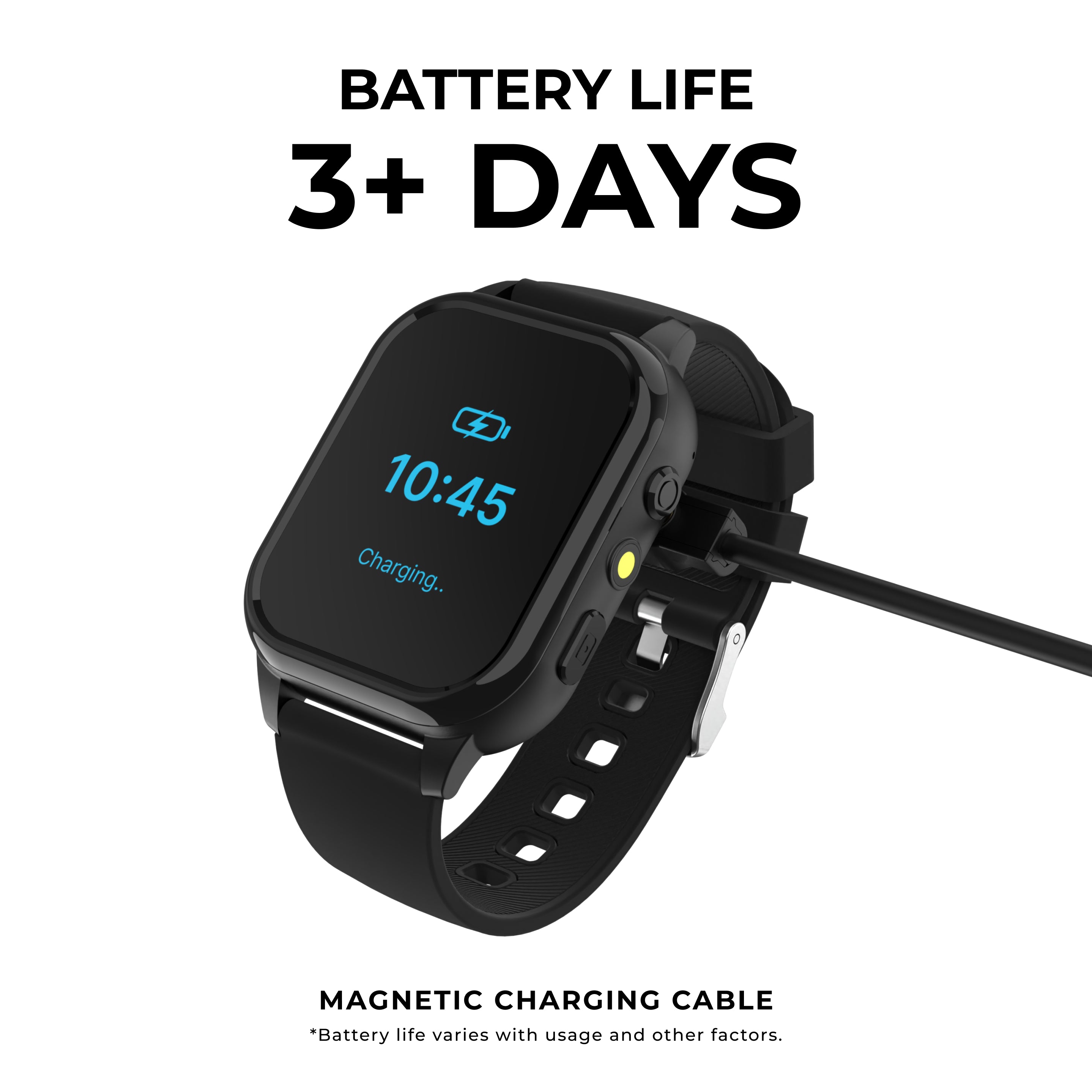 Smartwatch with charging cable on a white background, displaying battery life information.