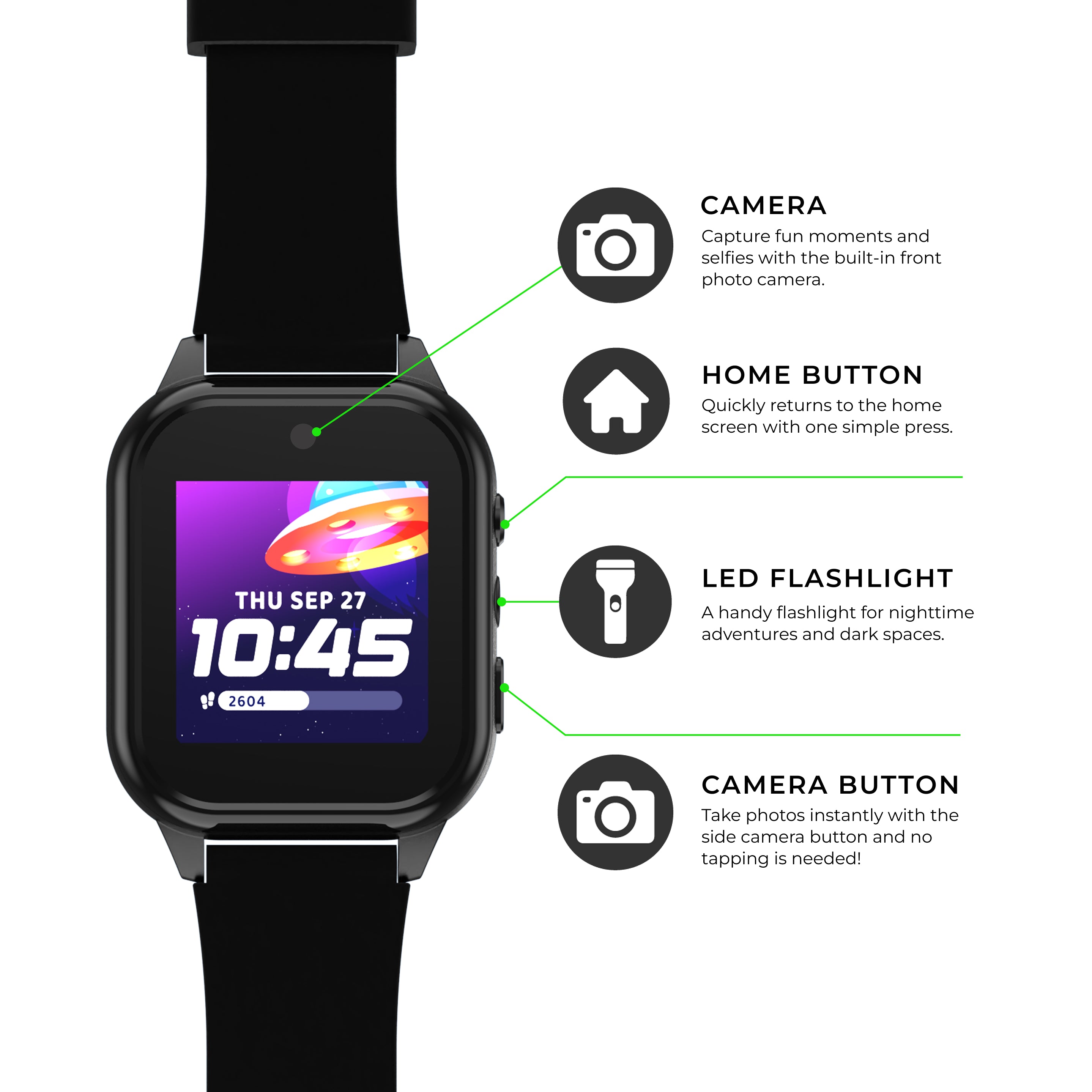 Smartwatch with features highlighted on a white background