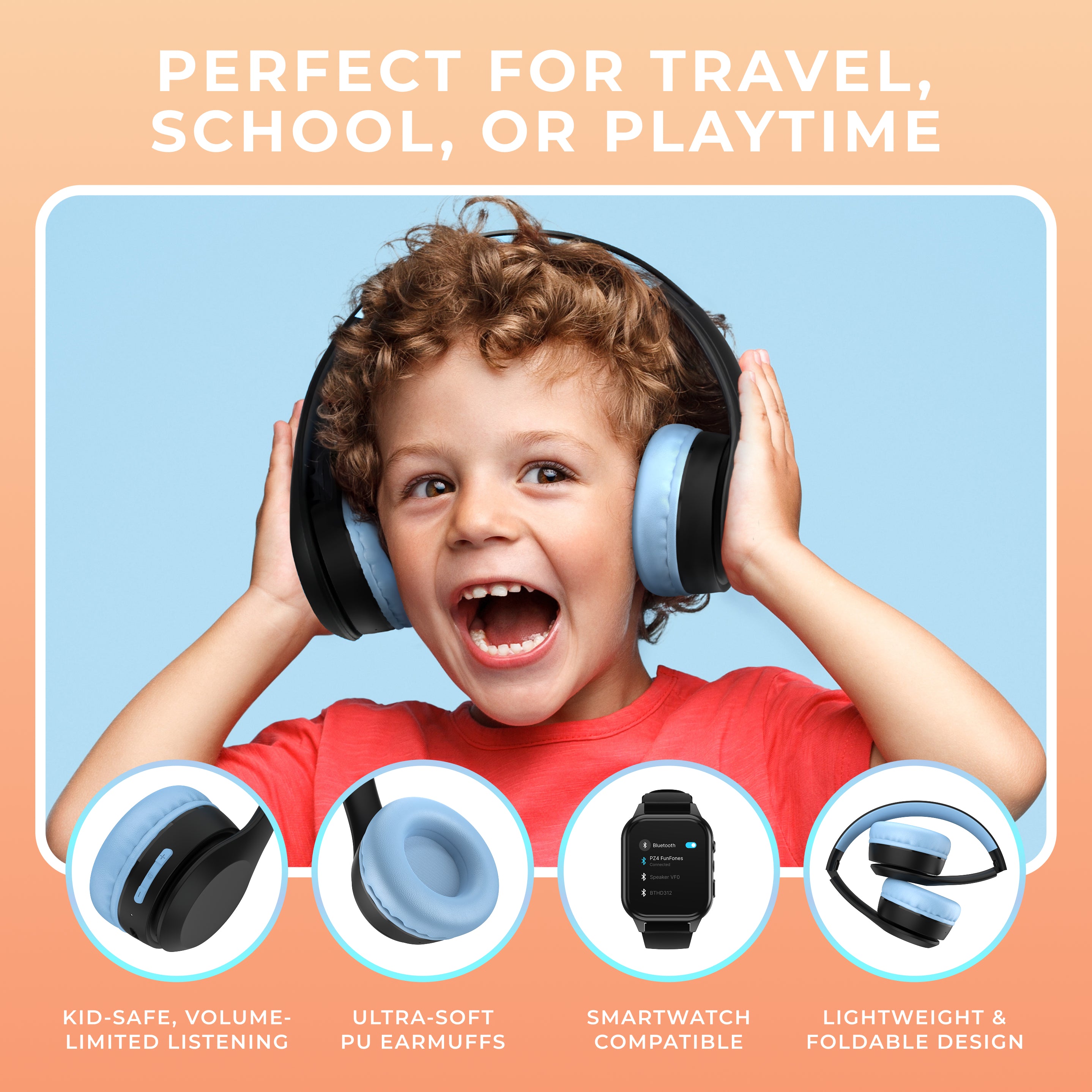 Child wearing headphones with product features highlighted on a peach background