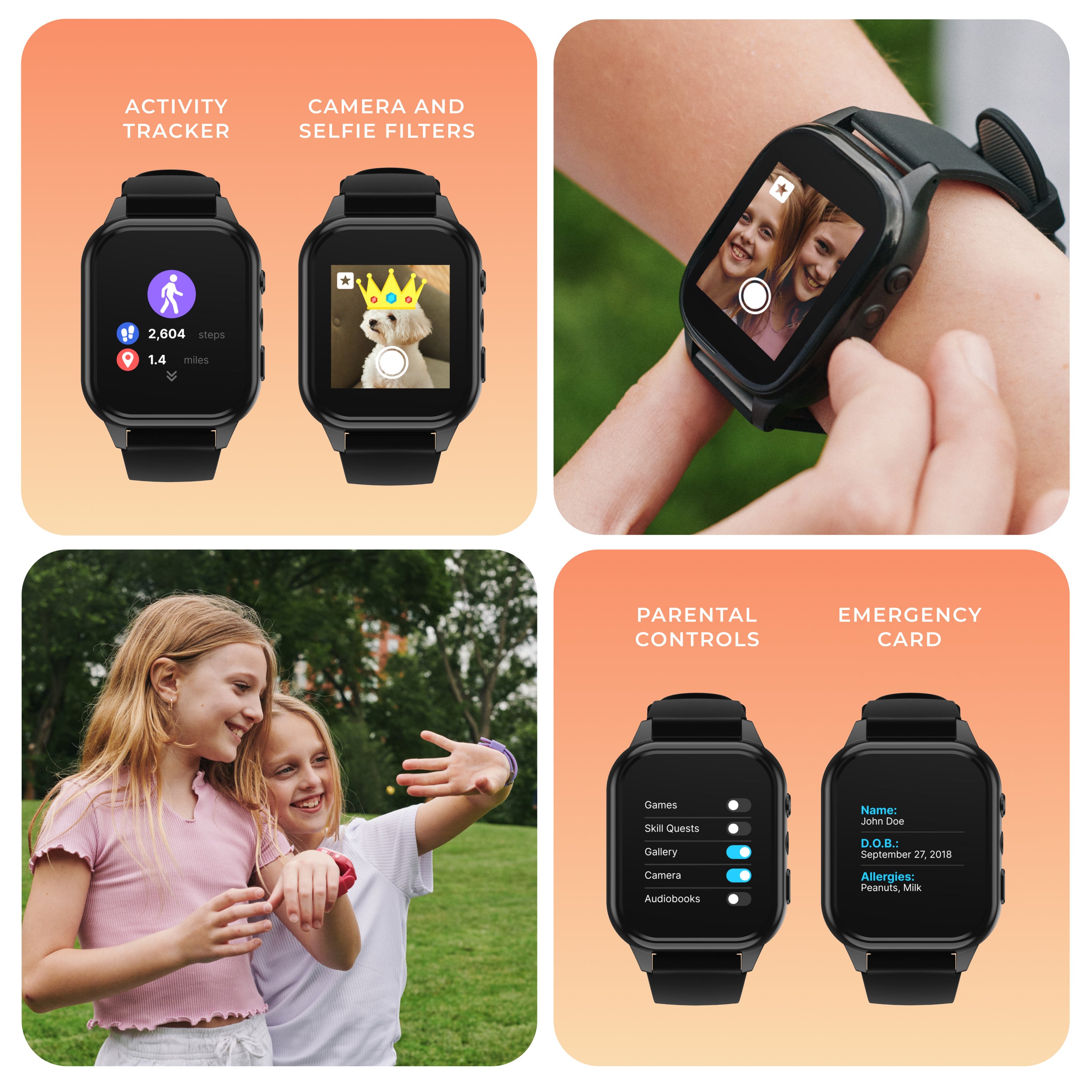 Smartwatch with activity tracker, camera filters, parental controls, and emergency card features.