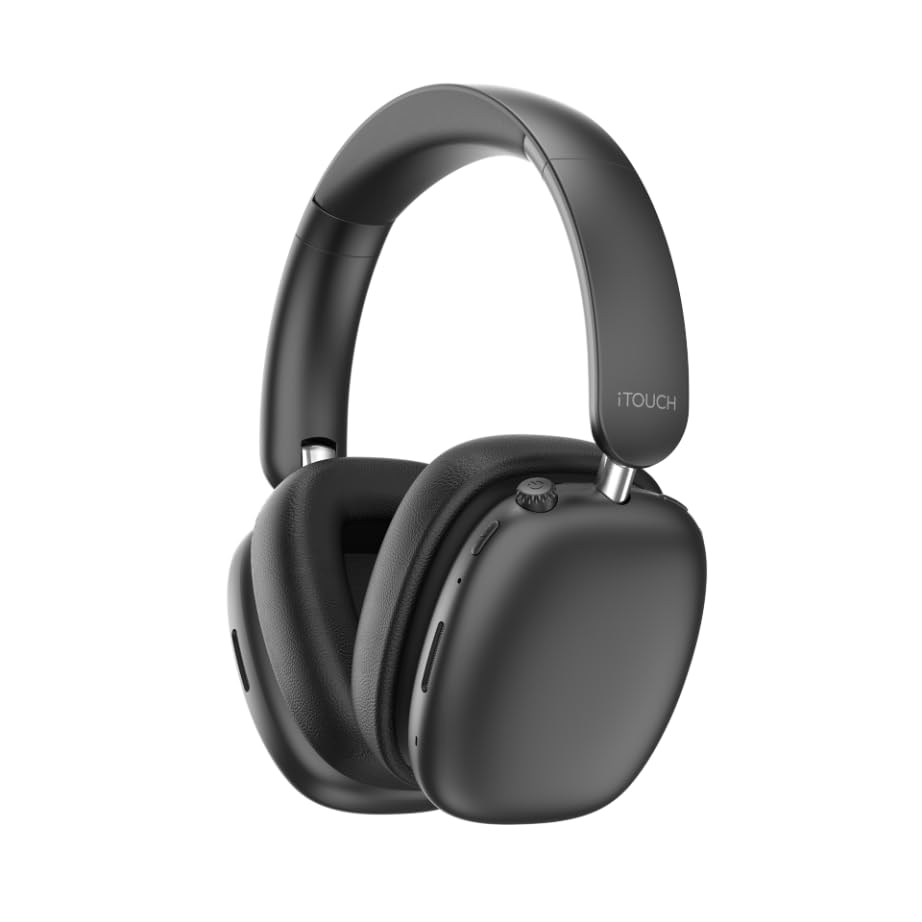 Black over-ear headphones with 'iTouch' branding on a white background