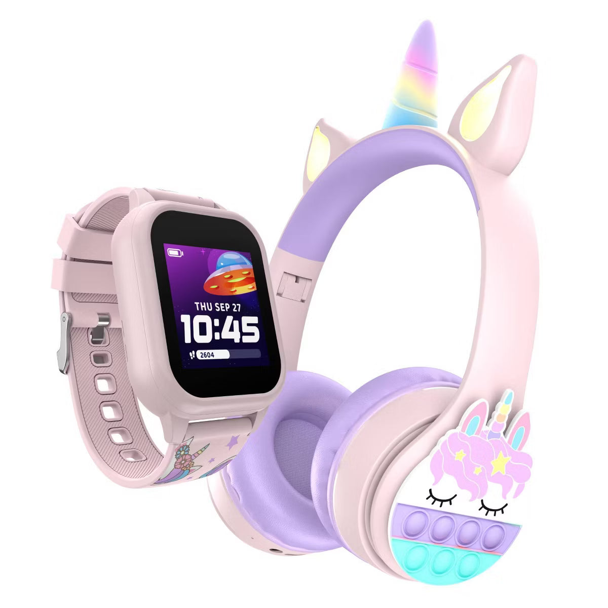 Pink smartwatch with unicorn headphones on a white background