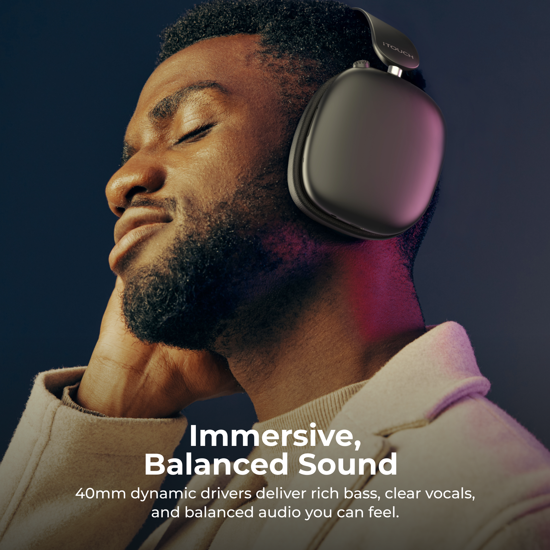 Man wearing headphones with text about immersive, balanced sound