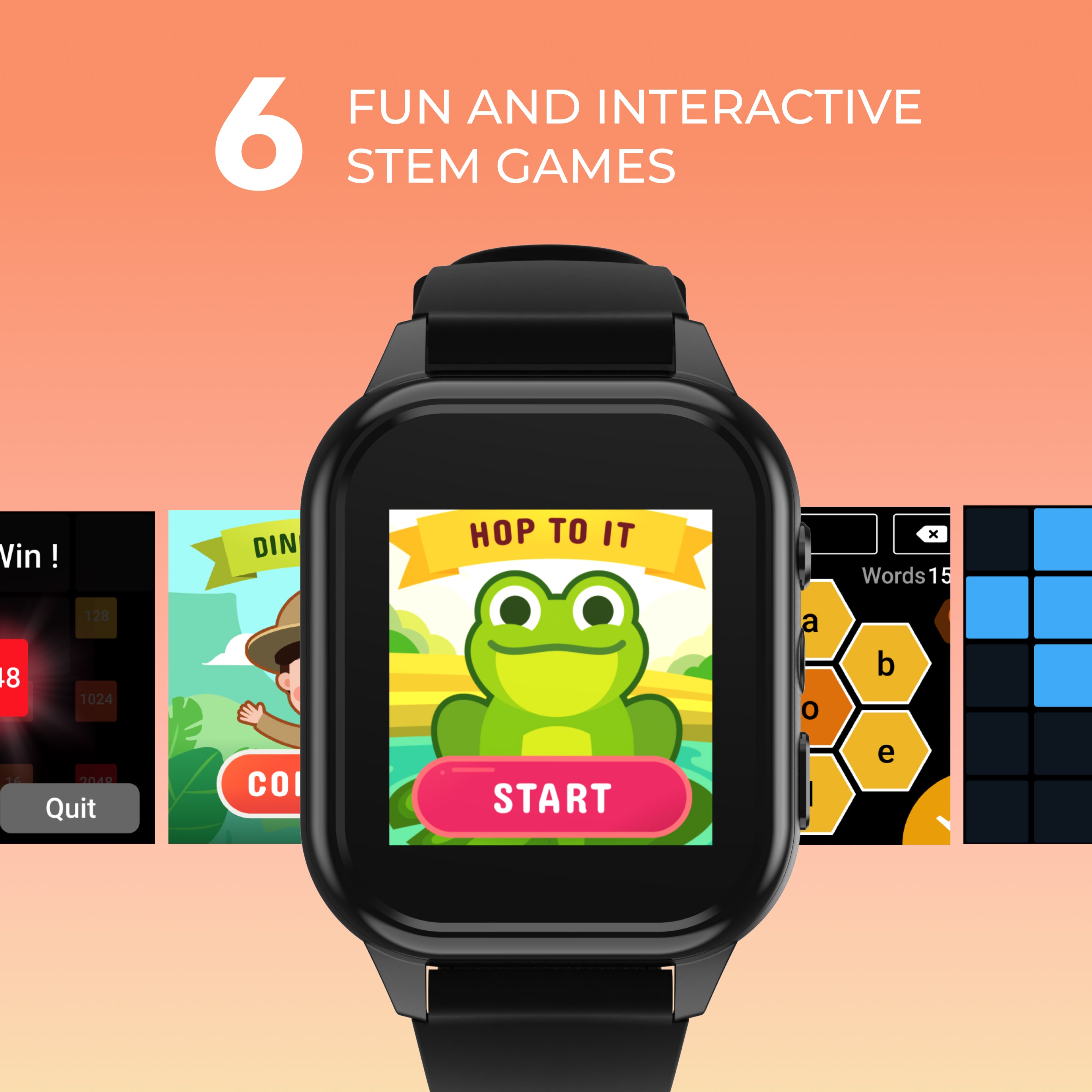 Smartwatch displaying a frog game on screen with text '6 Fun and Interactive STEM Games' on an orange background.