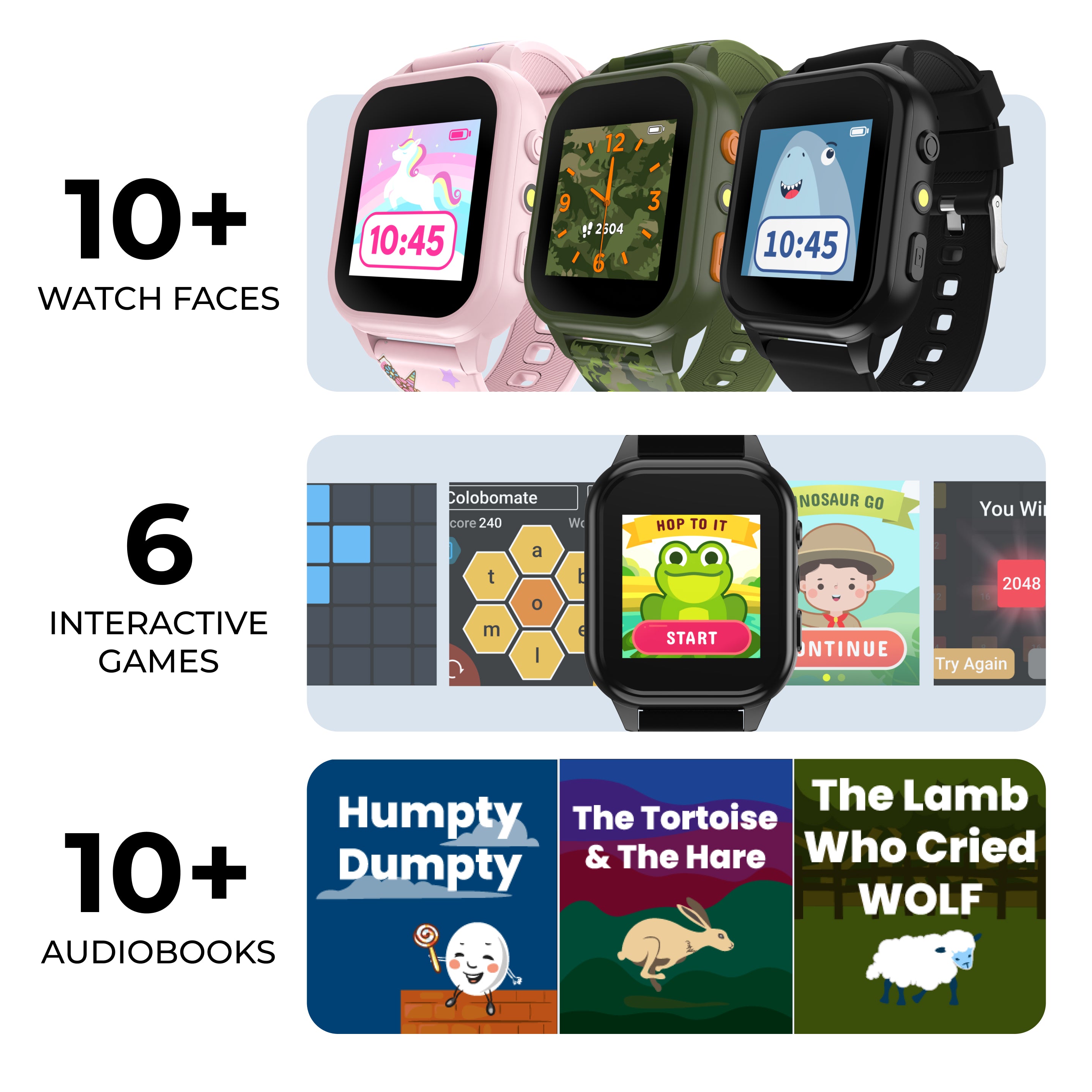 Smartwatches with various watch faces, games, and audiobooks displayed on a white background.